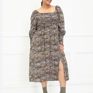 ELOQUII Elements Plus Size Mixed Dot Print Midi Dress with Smocked Bodice 0930